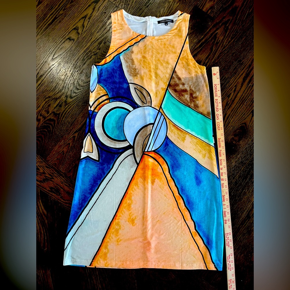 Women’s dress art funky, unique cover-up sleeveless blue orange abstract
